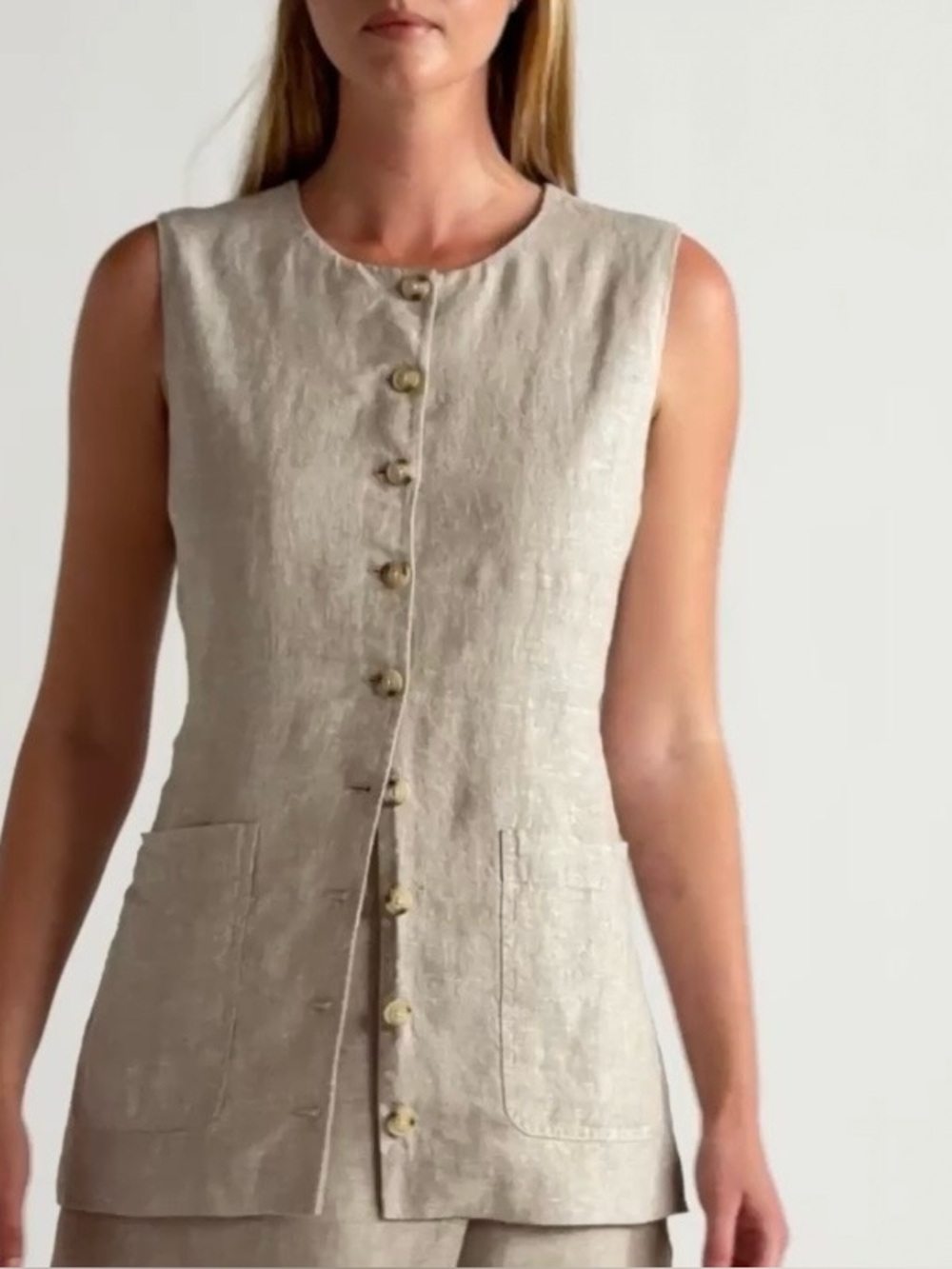 Quince European Linen beige long line button front vest in color Flax womens